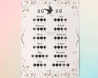 2026 Lunar Calendar Printable , Moon Calendar, Vertical Moon Calendar, Lunar Calendar, Decor 2026 Calendrier Lune, Mondkalender 2026