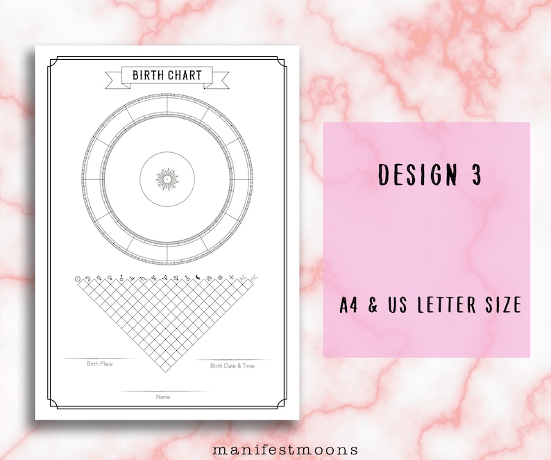 May include: Printable birth chart template in black and white with a circle divided into 12 sections and a grid. The text "BIRTH CHART" is at the top of the page. The text "DESIGN 3" and "A4 & US LETTER SIZE" are in a pink rectangle at the bottom right of the page.