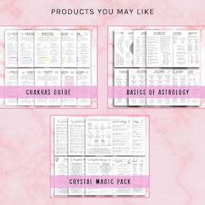 May include: A digital download of three printable guides: Chakras Guide, Basics of Astrology, and Crystal Magic Pack. Each guide features black and white illustrations and text on a white background.