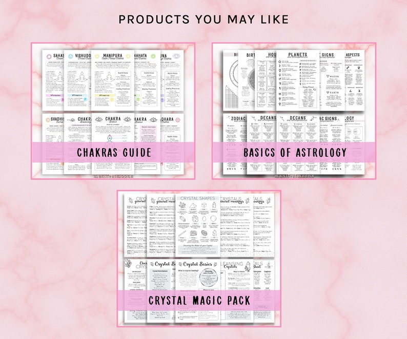 May include: A digital download of three printable guides: Chakras Guide, Basics of Astrology, and Crystal Magic Pack. Each guide features black and white illustrations and text on a white background.