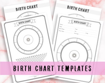 May include: Three printable birth chart templates with a black and white design. Each template features a circle divided into twelve sections with a sun symbol in the center. The templates include space for name, date, birth place, time, latitude, longitude, moon sign, and sun sign.