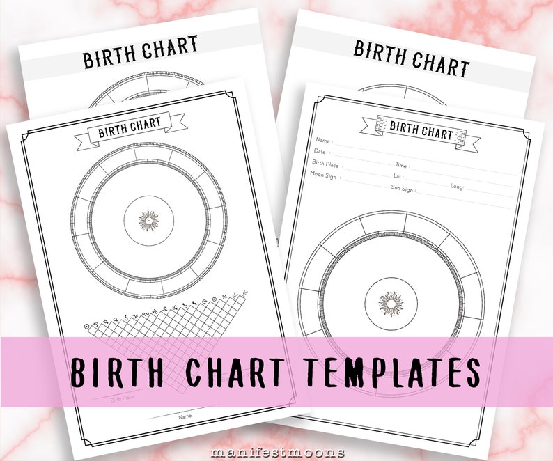 May include: Three printable birth chart templates with a black and white design. Each template features a circle divided into twelve sections with a sun symbol in the center. The templates include space for name, date, birth place, time, latitude, longitude, moon sign, and sun sign.