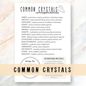 Puede incluir: Una hoja de papel blanca con texto negro que enumera los cristales comunes y sus correspondencias. El texto incluye los nombres de cristales como amatista, ámbar, aventurina, azurita, cornalina, esmeralda, hematita, lapislázuli, ónix, cuarzo transparente, turmalina negra, selenita, labradorita, ojo de tigre rojo, citrino y amazonita. El texto también incluye una descripción de las propiedades de cada cristal. El papel tiene una sección de consejo de bruja con una ilustración en blanco y negro de un cristal. El papel también tiene una sección sobre la activación de cristales.