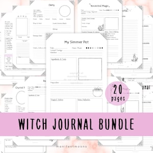 Könnte beinhalten: Ein Bundle von 20 druckbaren Hexen-Journal-Seiten im PDF-Format, erhältlich in den Größen US Letter und A4. Die Seiten enthalten Vorlagen zur Aufzeichnung magischer Praktiken, wie z. B. Gottheitenprofile, Ahnenmagie und Schmortopfrezepte. Der Titel "Witch Journal Bundle" wird angezeigt.