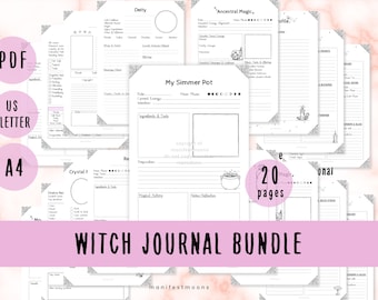 May include: A collection of 20 printable witch journal pages in PDF format, available in US Letter and A4 sizes. The pages feature various templates for recording magical practices, including deity profiles, ancestral magic, and simmer pot recipes. The title "Witch Journal Bundle" is displayed.