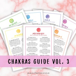 May include: A set of seven printable chakra guides, each with a different color and symbol. The guides are titled "Chakra Guide Vol. 3" and feature ways to balance each chakra.