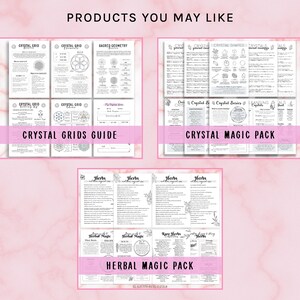 May include: A pink background with three printable guides for crystal grids, crystal magic, and herbal magic. Each guide is a collection of pages with black and white illustrations and text.