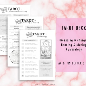 May include: Tarot deck guide with instructions for cleansing, charging, bonding, storing, and numerology. The guide includes a black and white illustration of the Moon tarot card. The guide is printed on A4 and US letter size paper.