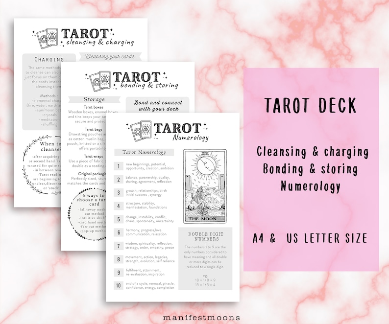 May include: Tarot deck guide with instructions for cleansing, charging, bonding, storing, and numerology. The guide includes a black and white illustration of the Moon tarot card. The guide is printed on A4 and US letter size paper.