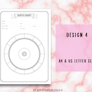 May include: A printable birth chart template in black and white. The chart features a circle divided into 12 sections, with a smaller circle in the center. The text "BIRTH CHART" is at the top of the page, and there are spaces for the person's name, date, time, birth place, latitude, longitude, moon sign, and sun sign.