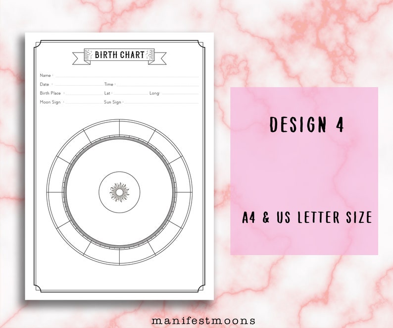 May include: A printable birth chart template in black and white. The chart features a circle divided into 12 sections, with a smaller circle in the center. The text "BIRTH CHART" is at the top of the page, and there are spaces for the person's name, date, time, birth place, latitude, longitude, moon sign, and sun sign.
