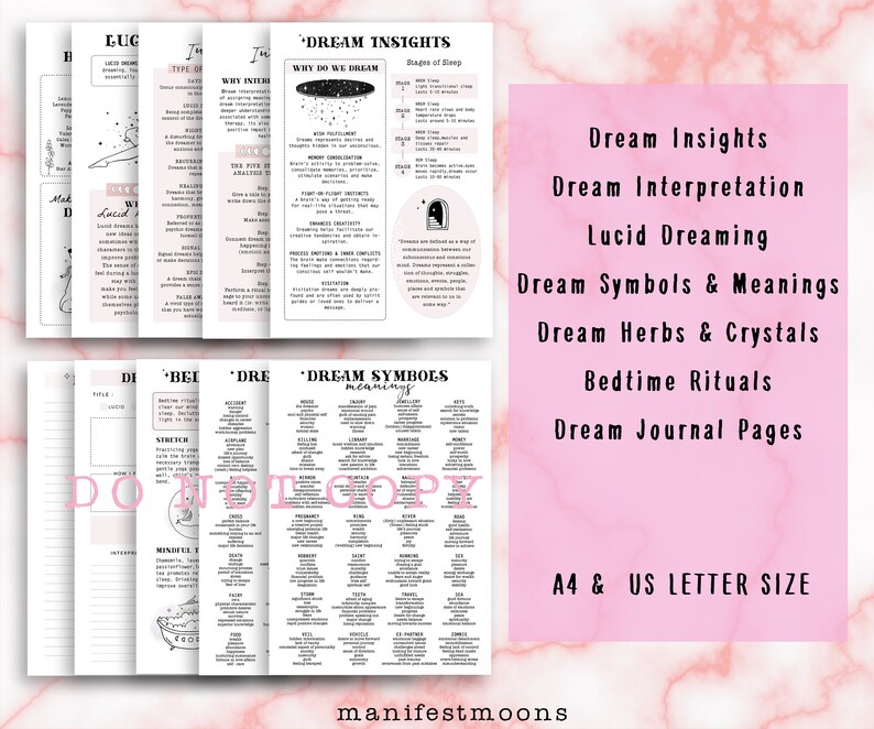 May include: A set of printable dream journal pages in black and white with pink accents. The pages include sections for dream insights, dream interpretation, lucid dreaming, dream symbols and meanings, dream herbs and crystals, bedtime rituals, and dream journal pages. The pages are available in A4 and US letter size.