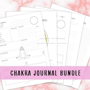 May include: A printable chakra journal bundle featuring a black and white illustration of a woman meditating. The journal includes pages for tracking chakra information, affirmations, and healing tools.