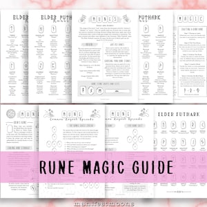 May include: A printable guide to runes, featuring a black and white illustration of the Elder Futhark runes, a common rune layout spread, and instructions on crafting a bind rune. The guide also includes information on the origin of runes, how to choose rune stones, and caring for and storing runes.