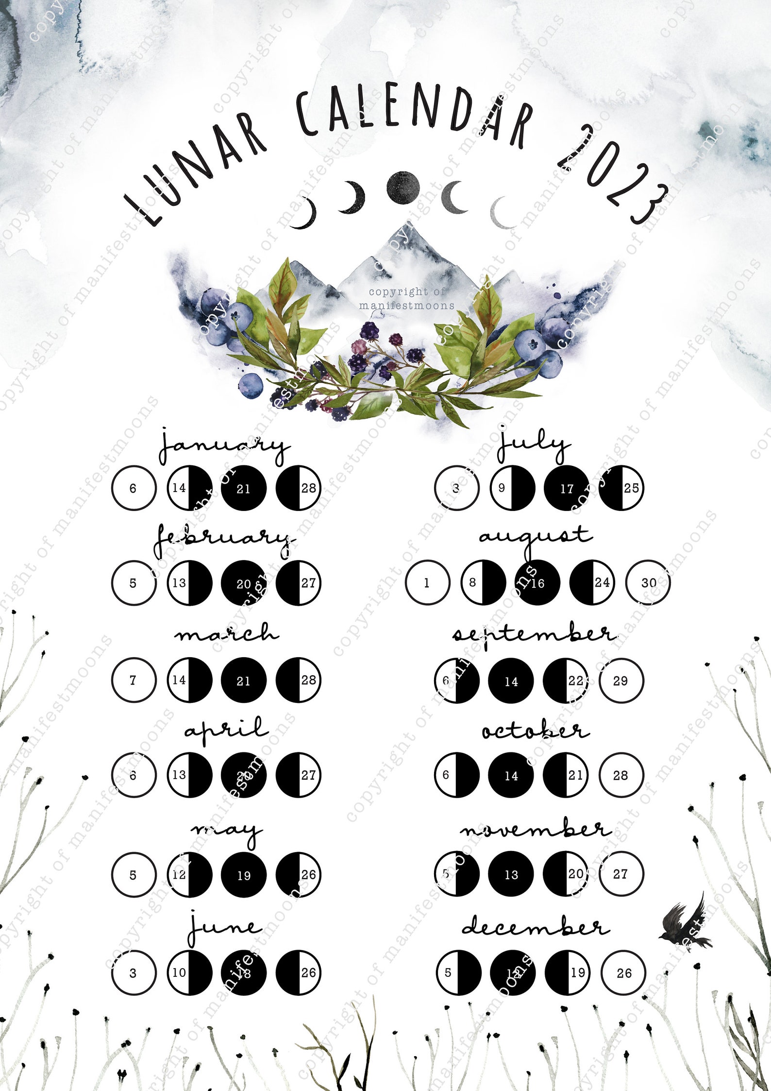 2023 Lunar Calendar Moon Printable Calendar Vertical Moon - Etsy Australia