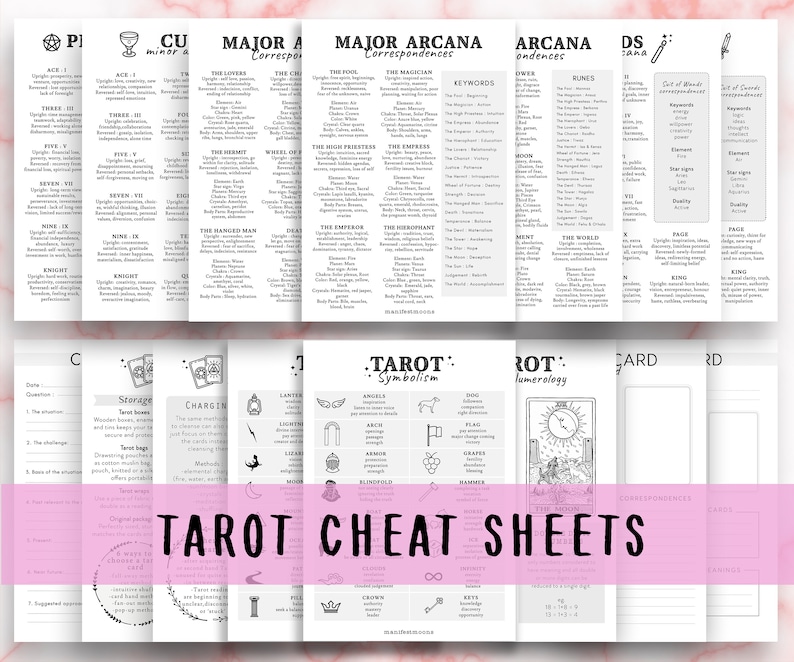 May include: A set of printable tarot cheat sheets with black and white illustrations and text. The sheets include information on the major arcana, minor arcana, tarot symbolism, and numerology. The title "Tarot Cheat Sheets" is written in pink.