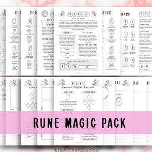 May include: A printable rune magic pack with black and white illustrations. The pack includes a rune alphabet chart, common rune spreads, and a rune magic guide. The text on the page reads "Rune Magic Pack".