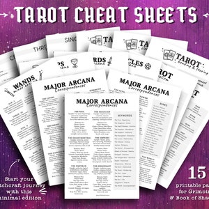 May include: A set of 15 printable tarot cheat sheets with black and white illustrations and text. The sheets include correspondences for the Major Arcana, Wands, and other tarot cards. The text includes keywords, elements, and other information. The text at the bottom of the image reads "Start your witchcraft journey with this minimal edition" and "15 printable pages for Grimoire & Book of Shadows".