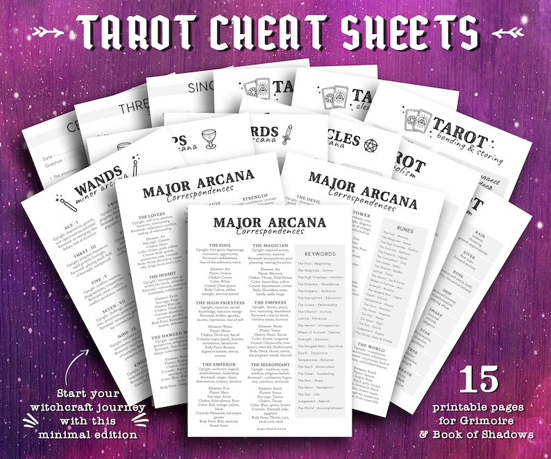 May include: A set of 15 printable tarot cheat sheets with black and white illustrations and text. The sheets include correspondences for the Major Arcana, Wands, and other tarot cards. The text includes keywords, elements, and other information. The text at the bottom of the image reads "Start your witchcraft journey with this minimal edition" and "15 printable pages for Grimoire & Book of Shadows".