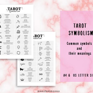May include: A printable chart with black and white illustrations of tarot symbols and their meanings. The chart is titled "Tarot Symbolism" and includes symbols like a lantern, lightning, river, rose, moon, ship, mountain, snake, ocean, star, dog, tree, flag, pillar, wreath, grapes, hammer, boat, horse, cat, clouds, crown, infinity, and keys. The chart also includes the text "Common symbols and their meanings" and "A4 & US Letter Size".