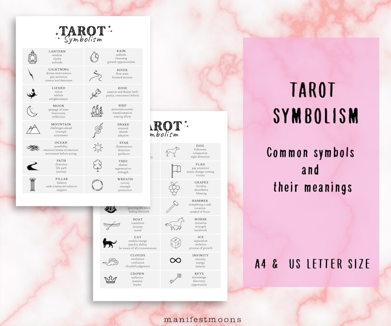 May include: A printable chart with black and white illustrations of tarot symbols and their meanings. The chart is titled "Tarot Symbolism" and includes symbols like a lantern, lightning, river, rose, moon, ship, mountain, snake, ocean, star, dog, tree, flag, pillar, wreath, grapes, hammer, boat, horse, cat, clouds, crown, infinity, and keys. The chart also includes the text "Common symbols and their meanings" and "A4 & US Letter Size".