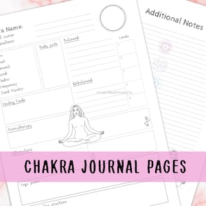 Könnte beinhalten: Druckbare Chakra-Journal-Seiten mit einer Schwarzweißillustration einer Person, die meditiert. Die Seiten beinhalten Abschnitte für Chakra-Name, Sanskrit-Name, Schlüsselfunktionen, Farbe, Planet, Element, Drüse, Mantra, Frequenz, Saat-Mantra, Heilnahrung, Aromatherapie, Affirmationen, Yoga-Posen und Linienübungen. Die Seiten beinhalten auch einen Abschnitt für zusätzliche Notizen mit fünf Ebenen.