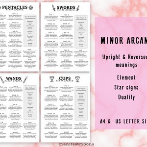 May include: A printable guide to the Minor Arcana tarot cards, featuring the four suits: Pentacles, Swords, Wands, and Cups. The guide includes upright and reversed meanings, keywords, elements, star signs, and duality for each card. The guide is available in A4 and US Letter sizes.