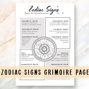 Página para impressão do Grimório dos signos do zodíaco, Mapa natal, Livro das sombras para impressão, Folha de dicas de astrologia bruxa, Bruxa bebê, Bruxa iniciante