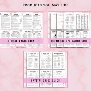May include: A digital download product listing for three printable guides: Herbal Magic Pack, Dream Interpretation Guide, and Crystal Grids Guide. Each guide is a collection of black and white pages with text and illustrations.