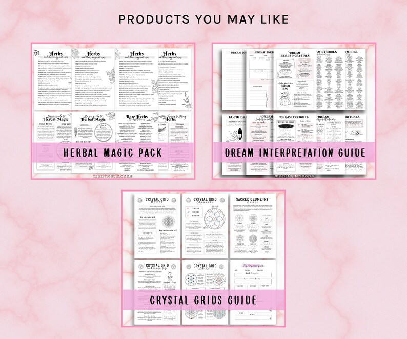 May include: A digital download product listing for three printable guides: Herbal Magic Pack, Dream Interpretation Guide, and Crystal Grids Guide. Each guide is a collection of black and white pages with text and illustrations.