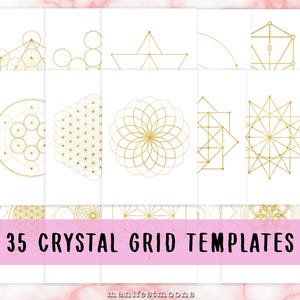 May include: A set of 35 crystal grid templates, each with detailed gold geometric designs on a white backdrop. The templates showcase diverse shapes and patterns, with the text "35 CRYSTAL GRID TEMPLATES" on a pink banner.