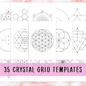 Puede incluir: Un conjunto de 35 plantillas de rejilla de cristal imprimibles que presentan diseños geométricos, incluyendo la flor de la vida, la geometría sagrada y la estrella de David. Las plantillas son en blanco y negro y son perfectas para crear tus propias rejillas de cristal.