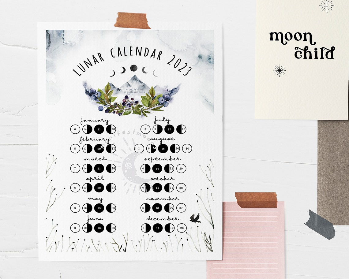 2023 Lunar Calendar Moon Printable Calendar Vertical Moon - Etsy Australia