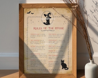 Lámina con las reglas de la casa - Decoración espeluznante para el hogar - Póster de brujería - Arte de pared de Halloween