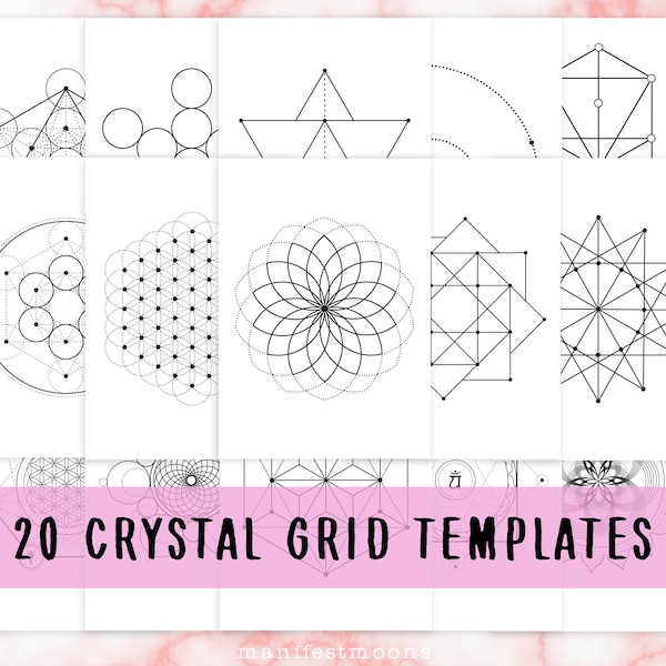 Crystal Grid Templates Printable, Crystal Magic, Sacred Geometry, Baby Witch, Book of Shadows, Crystal Witch, Black And White Templates