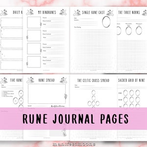 Könnte beinhalten: Druckbare Runen-Journal-Seiten mit verschiedenen Runen-Layouts, darunter eine tägliche Rune, Bindrune, Einzel-Runen-Wurf, drei Norns, fünf Runen, Runen-Layout, keltisches Kreuz-Layout und heiliges Gitter von neun. Die Seiten sind schwarzweiß mit einem floralen Design.
