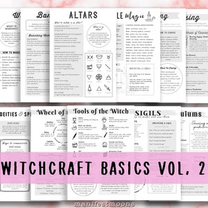 May include: A printable guide to witchcraft basics, volume 2, with sections on altars, candle magic, banishing, warding, deities and spirits, tools of the witch, sigils, pendulums, and cleansing. The guide features black and white illustrations and text.