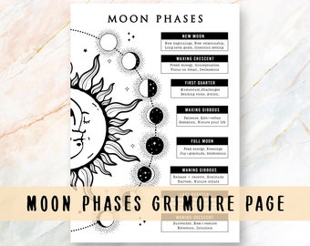 Könnte beinhalten: Ein schwarz-weißes druckbares Diagramm mit einer stilisierten Sonnen- und Mond-Illustration. Das Diagramm zeigt die acht Mondphasen und ihre zugehörigen Bedeutungen. Der Text umfasst: Neumond, zunehmender Mond, erstes Viertel, zunehmender Halbmond, Vollmond, abnehmender Halbmond, letztes Viertel und abnehmender Mond.