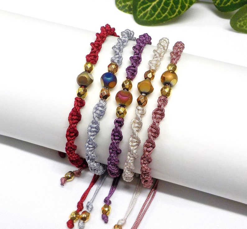 Macrame Spiral Bracelet, Friendship Bracelet, Knotted Bracelet, Minimal Hippie Bracelet, Colorful Wristband, Adjustable Beaded Bracelet image 1