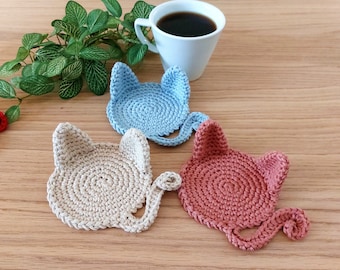 Cat Coaster, Crochet Cat Lover Gift, Kitty Housewarming, Drinkware Mat, Candle Mug Doily, Table Decor, Coffee Table Coaster, Holidays Gift