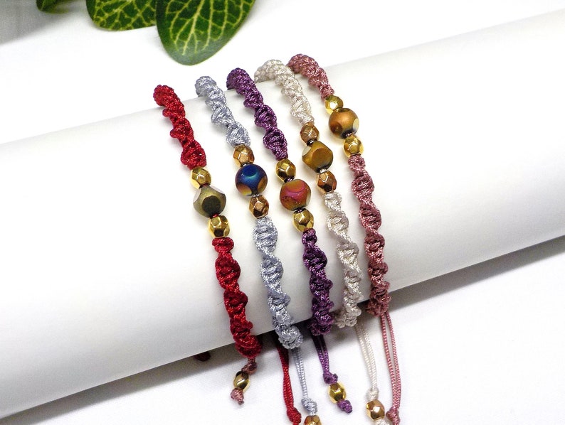 Macrame Spiral Bracelet, Friendship Bracelet, Knotted Bracelet, Minimal Hippie Bracelet, Colorful Wristband, Adjustable Beaded Bracelet image 5