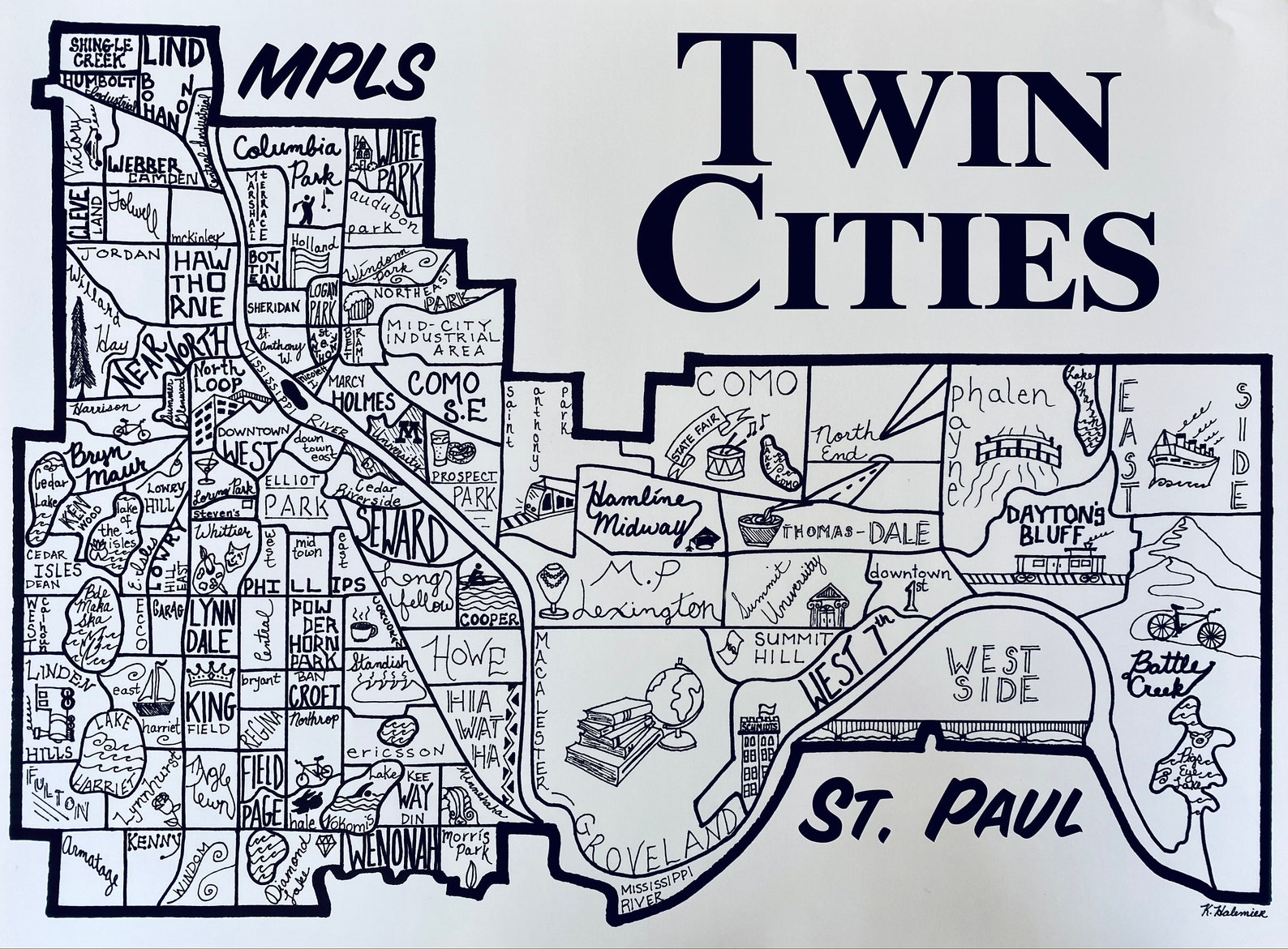 Illustrated Twin Cities Neighborhood Map Etsy