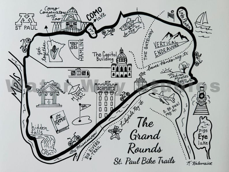 Minneapolis Grand Rounds Bike Map: 11 X 14 Inches - Etsy