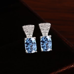 Pendientes de botón con piedra preciosa de corte de cojín de aguamarina brasileña natural, 7 x 5 mm, colgantes de plata hechos a mano, pendientes colgantes de plata de ley 925, regalo para ella