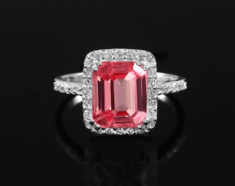 Anillo de zafiro Padparadscha impecable AAA: corte radiante, anillo llamativo de plata esterlina, anillo de compromiso, regalo de propuesta,