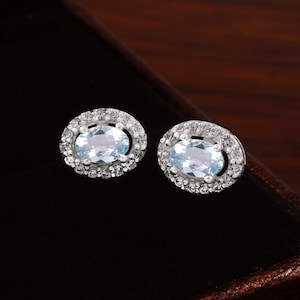 Boucles d'oreilles pendantes en aigue-marine du Brésil naturelle de taille ovale avec pierres précieuses, 6 x 4 mm fait main, clous pendants en argent sterling 925, cadeau pour elle