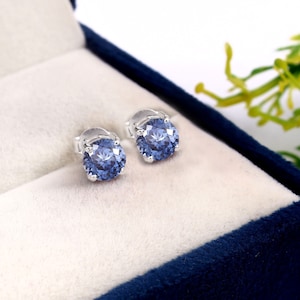 Natural Ceylon Blue Sapphire Round Cut Gemstone Stud Earrings, 6x6 MM  Handmade Silver Studs, 925 Sterling Silver Stud Earrings,Gift for her