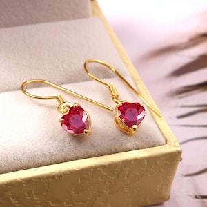 AAA Flawless Mozambique Red Ruby Heart Cut Gemstone Earrings, Handmade Silver Studs, 6x6 MM 925 Sterling Silver Gold Plated Polished,