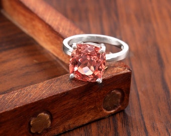 AAA Ceylon Padparadscha Sapphire Cushion Gemstone Ring Statement Ring Bridal Ring Wedding Ring Engagement Ring 925 Sterling Silver Ring