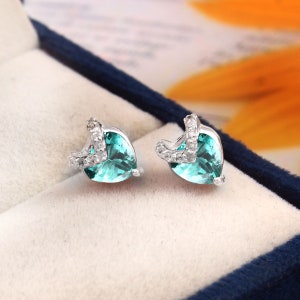AAA Grade 6x6 MM Natural Ceylon Parti Sapphire Heart Dangle stud, Handmade Silver Dangles,925 Sterling Silver Dangle Earrings Gift for her